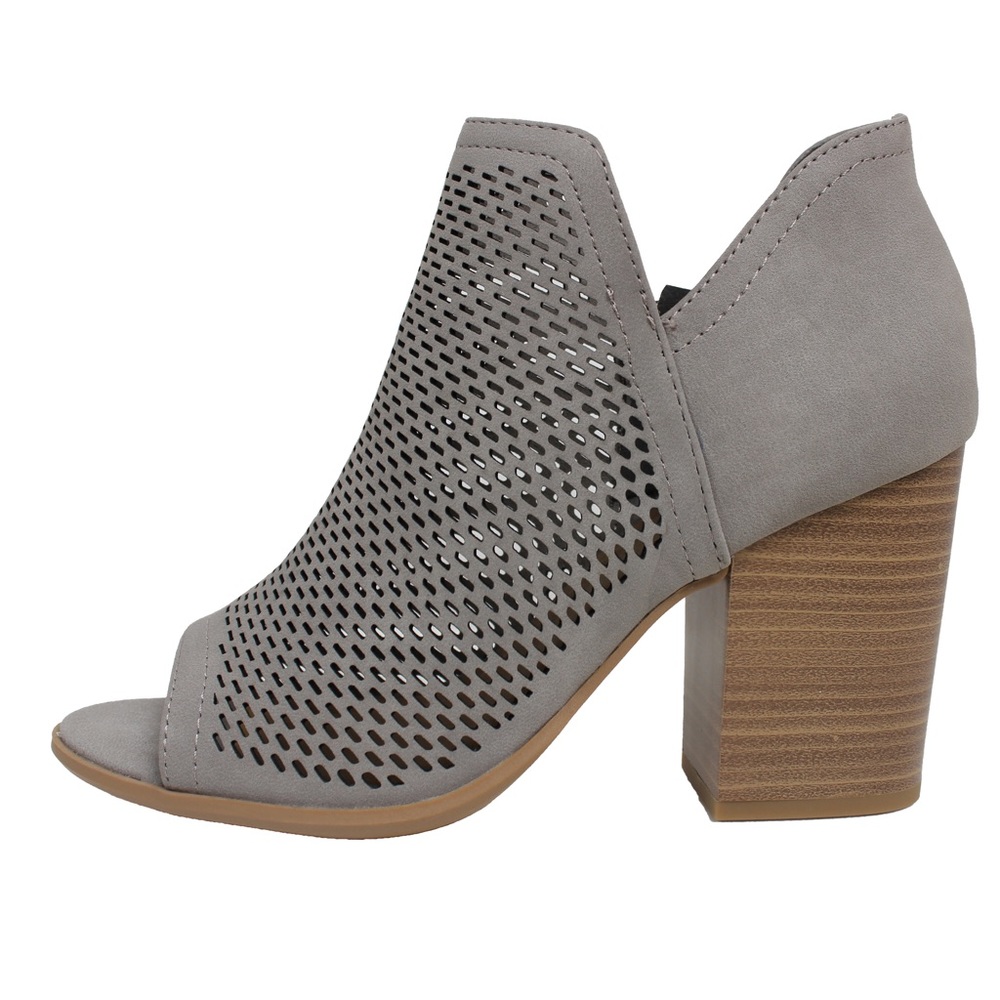 Grey Perforated Peep Toe Stacked Heel Ankle Boot - Picture 4 of 4